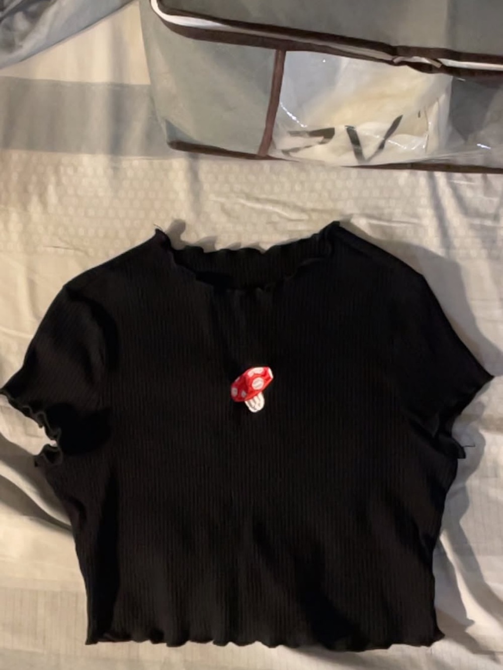 SHEIN Black Ribbed Lettuce-Edge Crop Top with Red Mushroom Patch